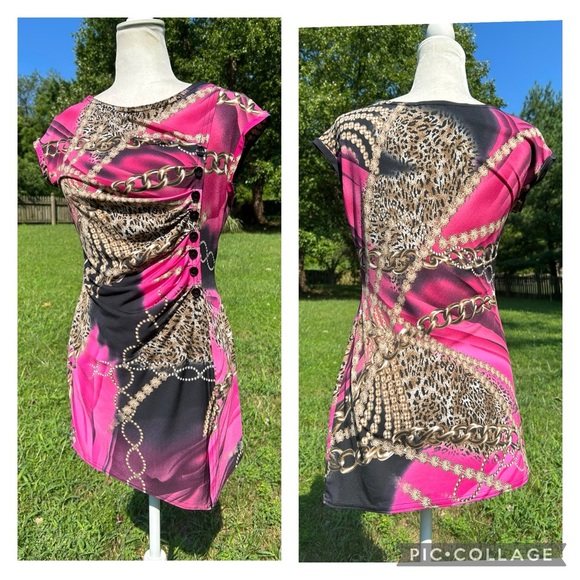 Joseph Ribkoff y2k Hot Pink Leopard Print Chain Pearl Bodycon Tunic Mini Dress 6 - Picture 1 of 9